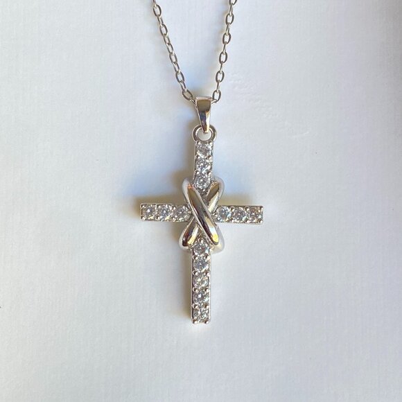 FAC Infinity Knot Cross Silver Tone Crystal Necklace - Picture 3 of 7